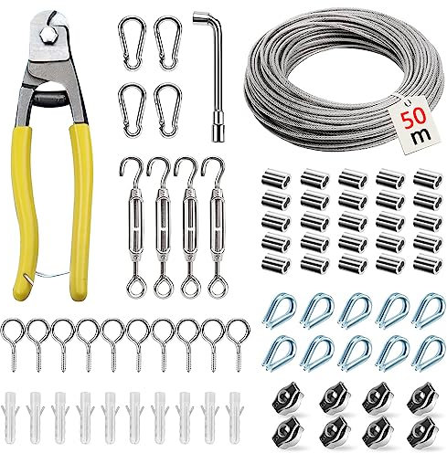 74 pcs Stahlseil Kit, 50M Edelstahl Drahtseil,Edelstahl Drahtseil Spanndraht, Stahlseil ummantelt, Spannschloss, mit ösen Seilspanngarnitur, für String Light Suspension,wäscheleine,gardinenseil
