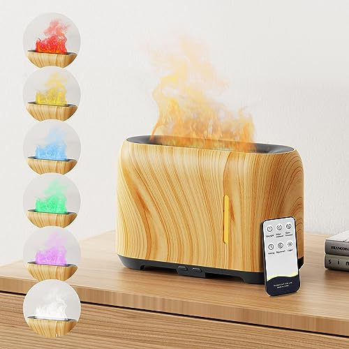 Ankrs Diffusor für ätherische Öle mit Flammeneffekt, verbesserte 7-Farben-Flamme, Diffusor mit Fernbedienung, 3 Timer, einstellbares LED-Licht, automatische Abschaltung (helle Holzmaserung)
