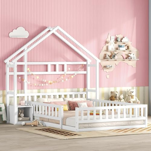 Merax Kinderbett Hausbett 140x200cm, Flachbetten mit Geländer & Lattenrost & Nachttischen, Funktionsbett mit Stauraum, Holz Baumhausbett für Mädchen & Jungen, lustiger Spielplatz, Ohne Matratze, Weiß