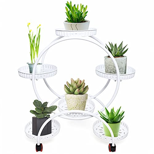 SuhoFutus Pflanzenregal aus Metall, 6 Töpfe Blumenregal Pflanzenhocker, Mehrstöckig Blumenständer Pflanzenständer mit 4*Universalräder, 72.5x31x76 cm, für Terrasse, Wohnzimmer und Schlafzimmer (Weiß)