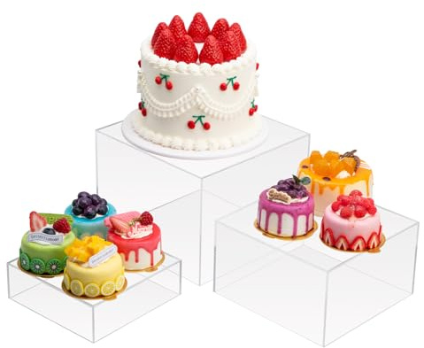 Cliselda 3pcs Clear Buffet Risers, Large Food Display Stand Acrylic Display Boxes Cube for Buffet Table Cupcake Candy Dessert Buffet Collectibles Jewelry