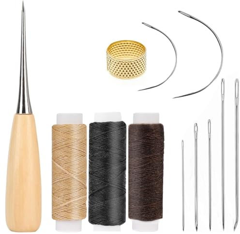 Juego de agujas de cuero, 3 rollos de hilo de cera, hilo de guarnición resistente, punzón de costura, dedal, para tapicería, alfombras, sofás, asientos de coche