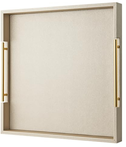 Champagne Faux Leather Serving Tray with Handles,20x20inches, Large Decorative Tray for Ottoman Coffee Table Decor Living Room, Kitchen, Bathroom