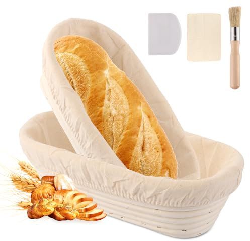 LOPYXBR 2 cestini ovali per lievitazione, 28 cm, per pane, con spazzola e spatola in plastica, per panettieri professionali e casalinghi, marrone chiaro, rattan naturale
