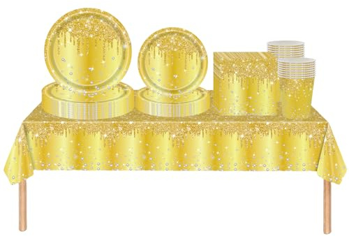 69 st guld glänsande glitter diamant party servis set plast bordsduk, papperstallrikar servetter och koppar engångsservis för barn vuxna födelsedag, bröllop jul guld festdekorationer