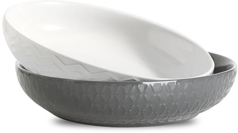Hasense 9 Large Pasta Bowls, 42 OZ Ceramic Salad Bowls Set of 2 for Serving Soup, Salad and Dinner, Embossed Wide and Shallow Pasta Plates for Kitchen and Eating, Microwave Safe, White and Grey
