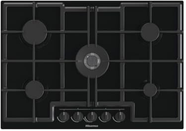 Hisense GED773B Piano Cottura Gas, Incasso 74 cm, Vetro Nero Temperato, Griglie In Ghisa, 1 Bruciatore Wok, Design