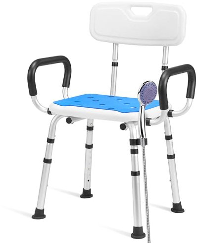 Careboda Sedia da Doccia con 6 Altezze Regolabili e Montaggio Senza Attrezzi, Sedile da Bagno con Schienale Rimovibile e braccioli Imbottiti per Doccia Interna