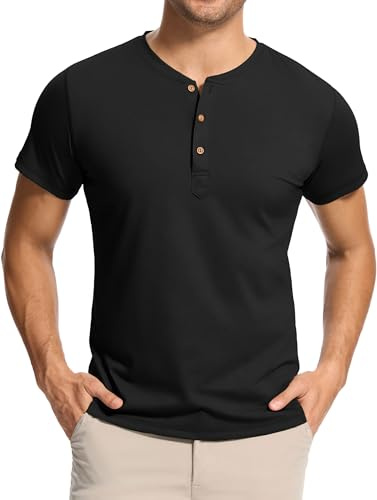 WUWUSKY Maglietta Henley Uomo Manica Corta in Cotone Elastico, Tinta Unita con 3 Bottoni per Casual Lavoro Palestra Uso Quotidiano, Nero, S