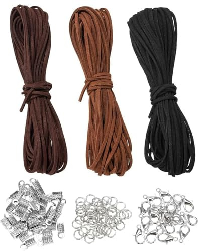TPZORJX 3 Pezzi Cordino in Pelle, Corda per Collana e Braccialetti, Vintage, 10 m x 3 mm con 100pcs Accessori Chiusura
