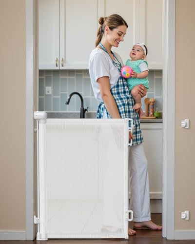 Retractable Stair Gate for Baby, Double Lock Stair Gates for Toddlers, Extends to 140 CM Wide, One-handed Operation Baby Gate, Easy Install Baby Gate for Stairs, Indoor & Doorways, White