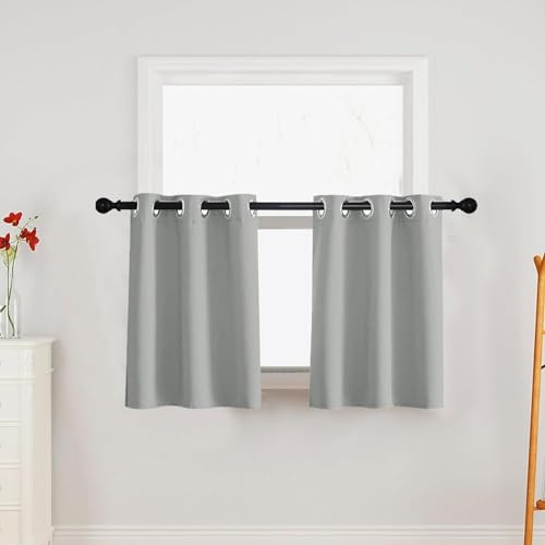 BTTO Rideau Occultant Court à Oeillets, Lot de 2 Petit Rideau de Fenetre, Moderne Decoration Rideaux sous Evier Rideaux Courts pour Cuisine Chambre Porte Placard, Gris, L85 x H91cm