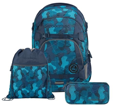 Coocazoo Schulrucksack-Set MATE „Cloudy Camou“, 3-teilig, blau, ergonomischer 30L Tornister, höhenverstellbar mit Brust- und Hüftgurt für Kinder ab der 5. Klasse, inkl. Federmäppchen und Turnbeutel