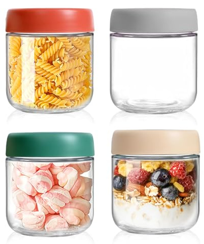 Confezione da 4 barattoli in vetro da 283,5 g con coperchio a vite a tenuta stagna, per yogurt, insalata di farina d'avena, per cereali, latte, frutta, condimenti, salse, snack, succhi, 4 colori (300