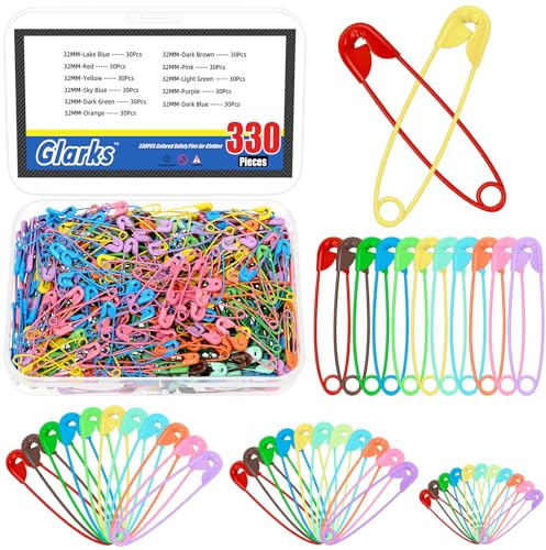 Glarks 330pcs 6.8 x 32mm Multicolore Sharp Edge Safety Pin Kit, 11 Couleurs Pins de sécurité en métal, Pins de sécurité Lourdes en Vrac, Fixation pins de sécurité