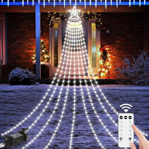 3.5M 350LED Christmas Tree Waterfall Lights with Ring Outdoor Cool White | Xmas Light with 8 Lighting Remote&Timer&Dimmable,IP65 Waterproof for Garden Decor