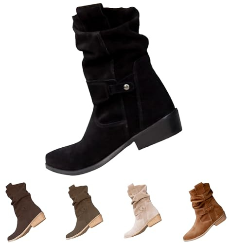 Botines de ante para mujer, cálidos, botas de invierno para mujer, con cremallera, botas de vaquero con tacón, botas de equitación de media caña antideslizantes, botas de invierno, monocolor, botas