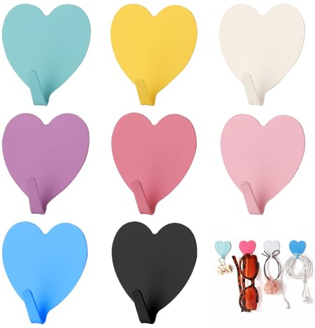 HMCEY 8 Piezas Ganchos Adhesivos Corazón,Perchas Adhesivas Baño Acero Inoxidable,Colgador Pared Adhesivo,Adhesive Hooks,Percha Sin Agujeros para Pared para Dormitorio, Salón, Ducha - 8 Colores