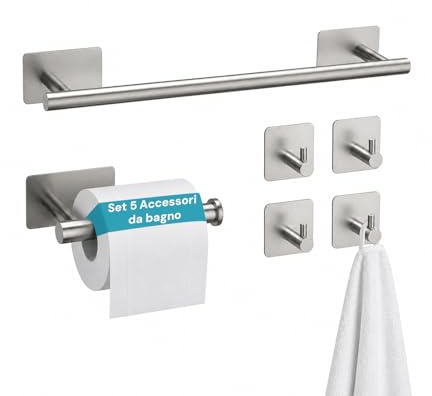 Avilia - Set 5 Accessori Bagno Adesivi – Kit Completo in Acciaio Inox Anti-Ruggine – Porta Asciugamani, Porta Rotolo e Ganci – Installazione a Parete Senza Fori su Piastrelle (Grigio)