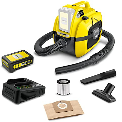 Kärcher 18 V Aspirateur Multifonction sans fil WD 1 Compact Battery Set, Batterie 18 V/2,5 Ah et Chargeur Rapide Inclus, Eau et Poussière, Filtre Cartouche, Taille Cuve : 7 l, Puissance : 230 W