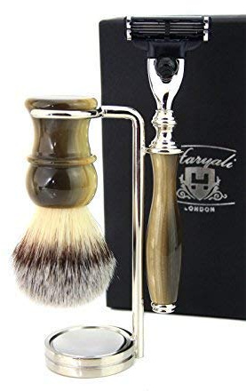 Vintage Style Luxury Shaving Set for Men (Synthetic Hair Brush horn handle,3 Different Type of Razor to Choose Horn handle & Stainless Steel(Chrome) Holder. (Triple Edge Razor)