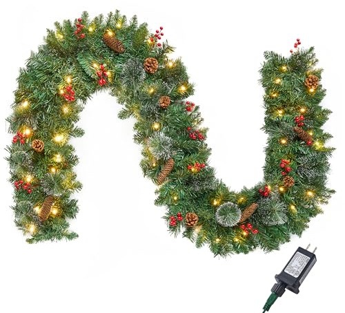 Joiedomi Guirnalda de Navidad preiluminada de 9 pies con 50 luces de cadena, cerdas, conos de pino, bayas de acebo para exteriores e interiores, decoraciones de Navidad y vacaciones, guirnalda de pino