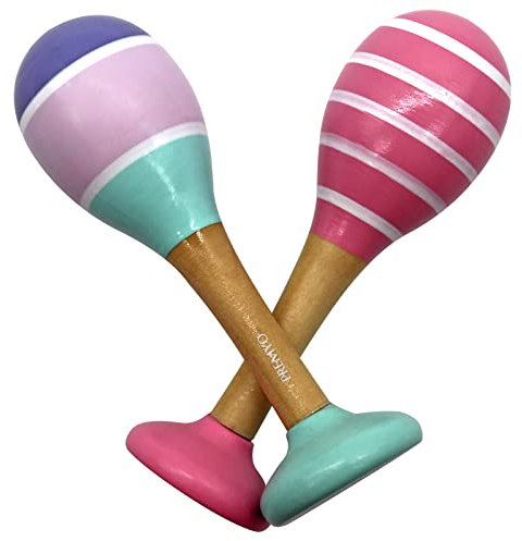 PREMYO Rassel Baby Musik Spielzeug - Holzspielzeug Maracas Babyspielzeug - Streifen Rosa Weiß