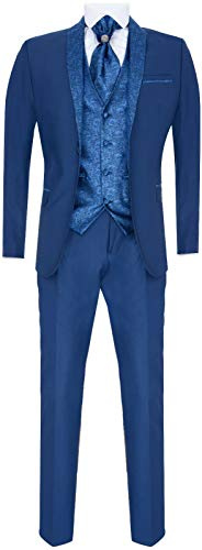 Traje de Boda Azul para Hombre de 4 Piezas Novio Cuello Chal Cravat Ajuste a Medida 48
