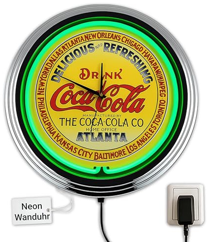 US-Way.de Atlanta WallClock Deko-Clock – 44 cm Durchmesser, Deko-Wanduhr ohne Tickgeräusche und gut lesbares Display, USA 50er-Jahre-Stil Neon-Uhr für Küche, Wohnzimmer, Büro (Grün)