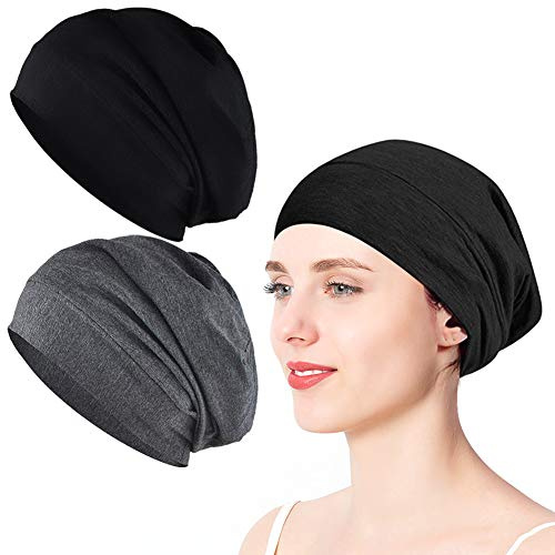 XCOZU 2 Stück Elastic Weiche Beanie Herren Damen, Grau und Schwarz Kopfbedeckung Chemo Mütze, Atmungsaktiv Mütze für Frauen Hut Slouch Nachtmütze Schlaf Sommer Sport