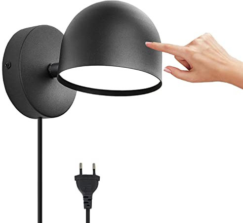 Lampada da Parete Interno con Spina, LED 9W Applique da Parete Touch Control Dimmerabile, Girevole a 350° Lampada da Comodino, 3000K Bianco Caldo Regolabile Luce Lettura per Camera da Letto,Nero