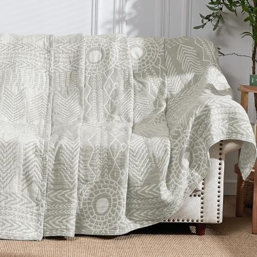jinchan Boho 100% Cotton Muslin 50x60 Throw Blanket Lightweight 3-Layer Light Grey Blanket Washable Reversible Breathable Decorative Geometric Striped Patterned Soft Cozy for Sofa Bed All Season Gift