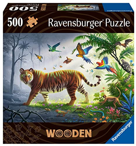 Ravensburger Wooden Puzzle 17514 - Tiger im Dschungel - 500 Teile Holzpuzzle mit stabilen, individuellen Puzzleteilen und kleinen Holzfiguren (Whimsies), für Erwachsene und Kinder ab 14 Jahren