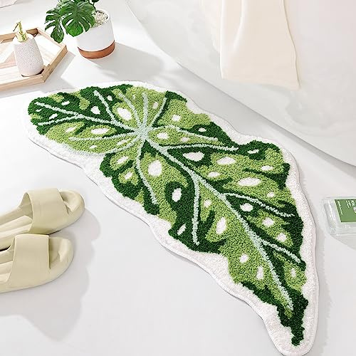 Panstar Green Leaf Bath Mat, Large Begonia Leaf Plant Bathroom Runner Rug Non Slip Absorbent Cute Palm Shaped Bathtub Rug Bathroom Plush Shower Rugs (17X44)