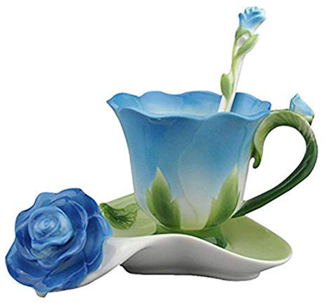 Tazzine Da Caffè,Caffe Con Piattino Forma 3D Rosa del fiore dello smalto in ceramica tazza di caffè tè e piattino Cucchiaio Di alta qualità in tazza di porcellana creativo regalo di San Valentino desi