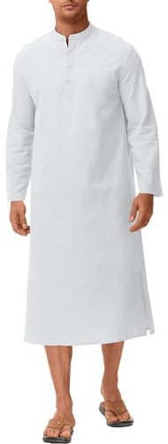 LVCBL, kaftan da uomo a maniche lunghe con scollo, bottone alto, fessura laterale, bianco, XXL