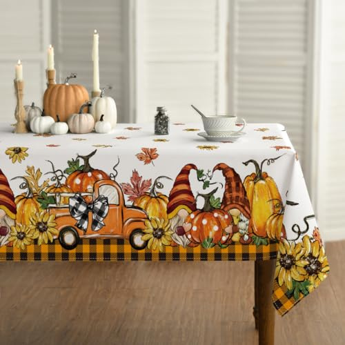 Horaldaily Herbst Tischwäsche 140x110 cm Rechteckig, Erntedankfest Herbsternte Orange Kürbis LKW Zwerge Plaid Tischdecke für Party Picknick Abendessen Dekor