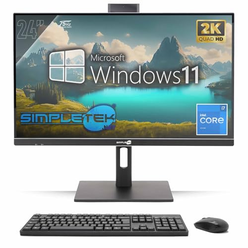 SIMPLETEK - PC Tout-en-Un 24 2K 75 Hz Core i7 4,00 GHz | Windows 11 Pro | 8 Go RAM - 240 Go SSD | Ordinateur Tout-en-Un, Support VESA, Webcam intégrée, Support réglable