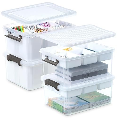 Citylife 2+2 Aufbewahrungsboxen mit Deckel, 16L aus Kunststoff mit Gebäude Grundplatte Deckel und abnehmbarem Tablett, Craft Veranstalter | Clear Storage box für die Organisation von, Perle, Werkzeug