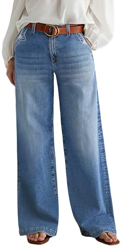 Flamingals Wide Leg Jeans for Women Mid Waist Baggy Stitch Decor Denim Washed Pants Without Belt Mid Blue L