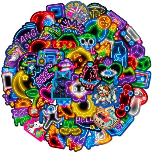 Neon Graffiti Stickers 50PCS, Waterproof Vinyl Decals for Laptops Water Bottles Scrapbooking Journals Party Favours, Trendy Stickers for Kids Teens & Creatives