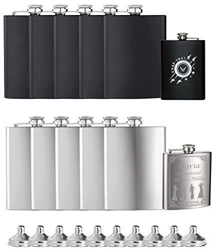 Uadme Flachmann Edelstahl 8oz, 10 Stück Flachmann Gravur, Flachmann Personalisiert mit Trichter, zum Gravieren des Namens und der Muster, für Geburtstage Vatertag Trauzeugen Bräute Hochzeiten
