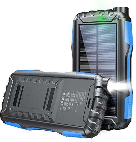 Solar Power Bank, caricatore portatile 46800mAh, batteria di ricarica rapida USB C, PD18W QC 3.0 caricabatterie per telefono con torcia, power bank impermeabile per esterni, 3 porte di ricarica, blu48