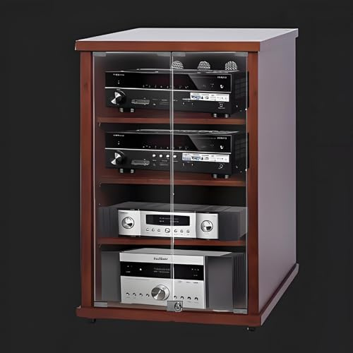 YQMHEZ Boden-Audio Rack HiFi Regal, Phonoschrank mit 4 Ebenen, Audio-Rack-Turm for Entertainment-Stereokomponenten, Record Player Stand mit gehärteter Glastür, for Ecken und kleine Räume(Brown,24x21.
