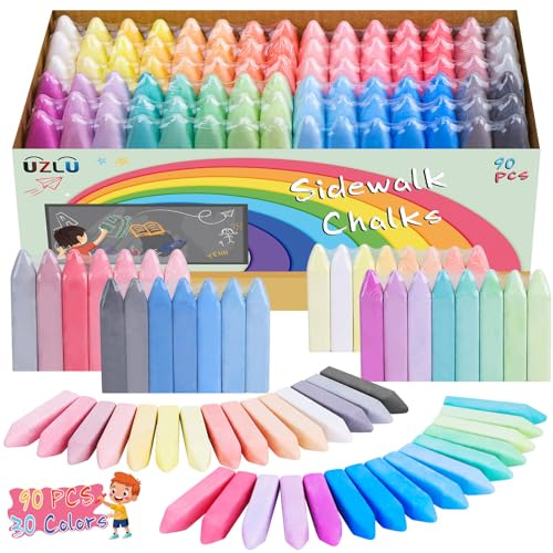 UZLU 90 PCS Sidewalk Chalk-30 Colors Cone Shaped Drawing Chalk for Kids, Jumbo Washable Chalk Giant Box Non-Toxic Dustless, Painting on Sidewalk Bulk,Outdoor Art, Blackboard, Playground