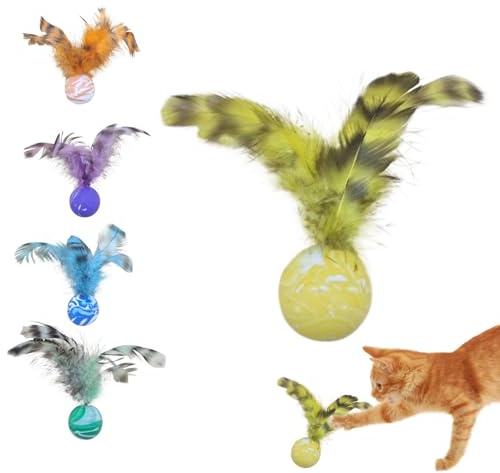 Pet Bounce Ball, 5 Stück Interaktives Katzen-Hüpfball-Set mit Federn, Katzenball-Spielzeug, CSafe Lustiges Haustier-Beißspielzeug, olorful Kitten Beißspielzeug für drinnen und Zuhause