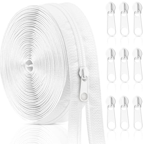 Aerzouser 3 cm breit Endlosreißverschluss mit Zipper，#3，10 Meter Reißverschluss Meterware，Bringen Sie 10 mit Zipper，Nylon Reisverschluss Endloses，Geeignet für Kleidung, Bettwäsche usw (Weiß, #3)