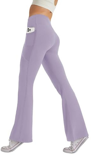 Glacspyg Damen Hose mit Taschen Yogahose Freizeit Jogginghose High Waist Sporthose Elastische Weite Bootcut Jazzpants Lila M