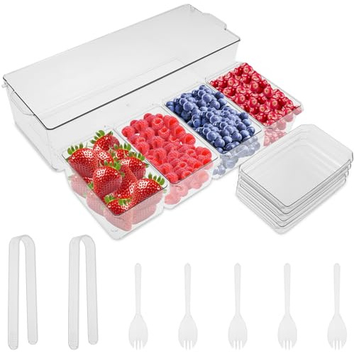 Bac à condiments glacé en plastique transparent avec 4 compartiments amovibles et couvercles séparés, récipient de service refroidi à la glace pour bar à salaire, fruits, légumes, bonbons, collations,