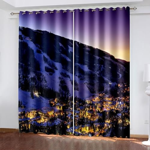 Lirzxin Lichtdichte Vorhänge 160 cm Lang, Gardinen Blickdicht mit Ösen 2er Set Gelb Blau Lila Dorf Schnee Berg Wald Landschaft Vorhang für Wohnzimmer Schlafzimmer Kinderzimmer, 86x160 cm(BxH)